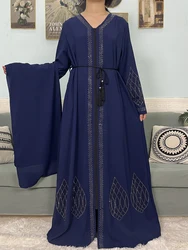 Muslim Open Abayas For Women 2024 Pure Boubou Set Diamonds Zipper Loose Femme Robe African Daily Prayer Dresses With Belt Turban