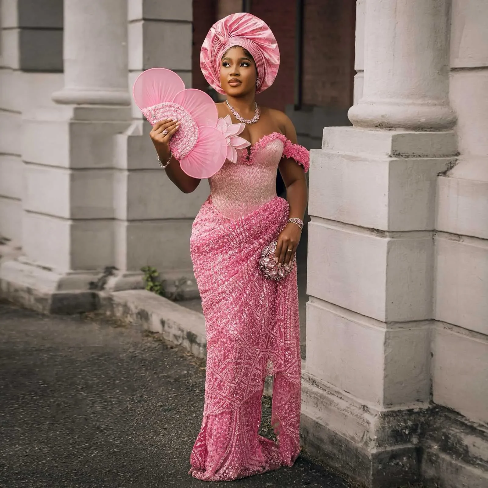 

Nigeria Pink Mermaid Bride Dress Luxury Beaded Sleeveless Evening Dress African Lace Decal Birthday Dress Customized