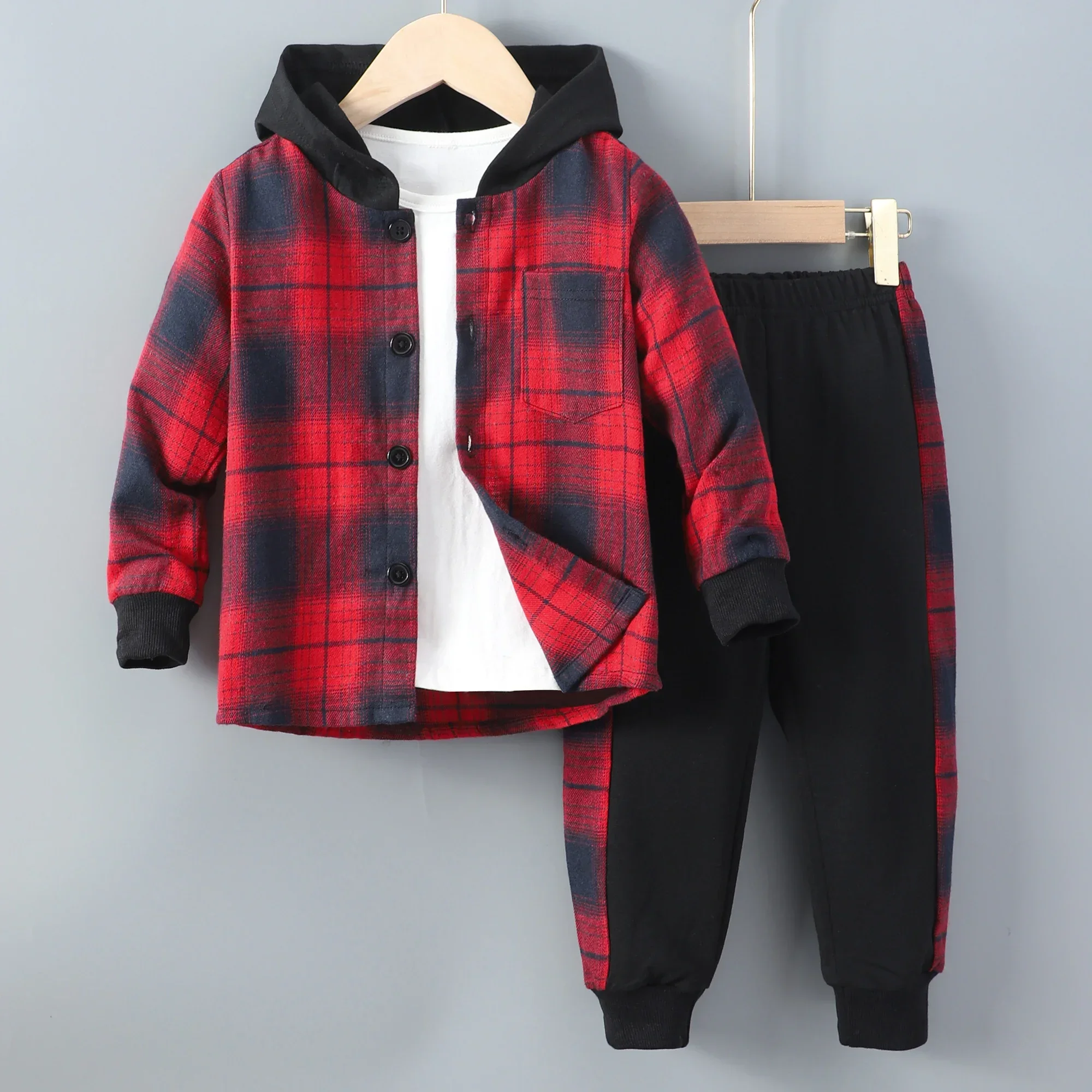 2pcs Boys Casual Creative Long Sleeve Plaid Hooded Jacket&Sweatpants Sets Kids Clothes Girls Clothes