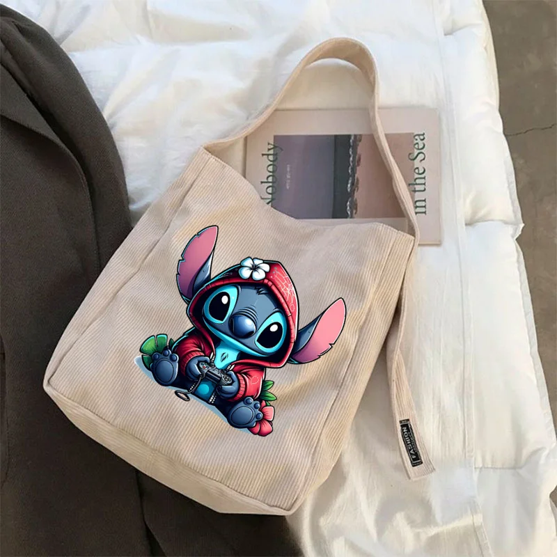 MINISO Lilo & Stitch Shopping Bag Foldable Handbag Large Capacity Eco Friendly Shopping Bags Women Canvas Shoulder Bag Tote Bag