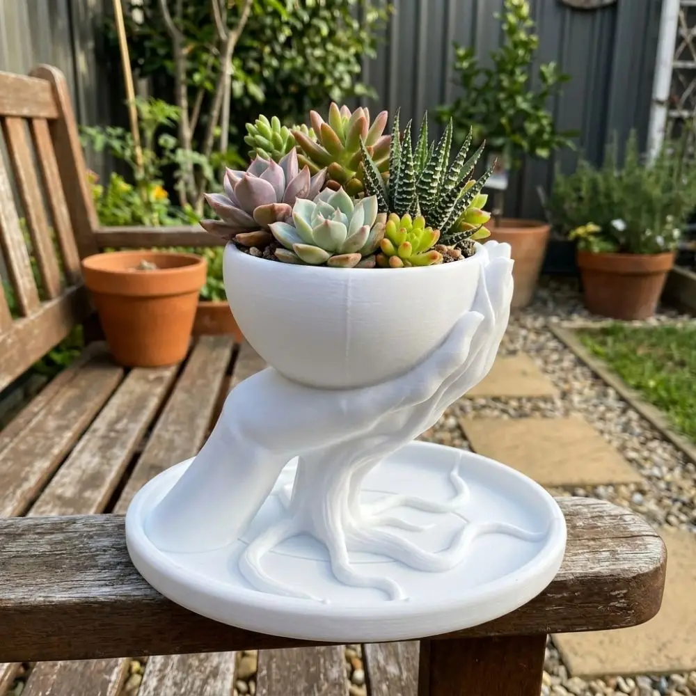 3D Printed Tree Hand Shape Succulent Pot Unique Marble Texture Hand Held Flowerpot Plastic Decorative Keys Storage Bowl Indoor