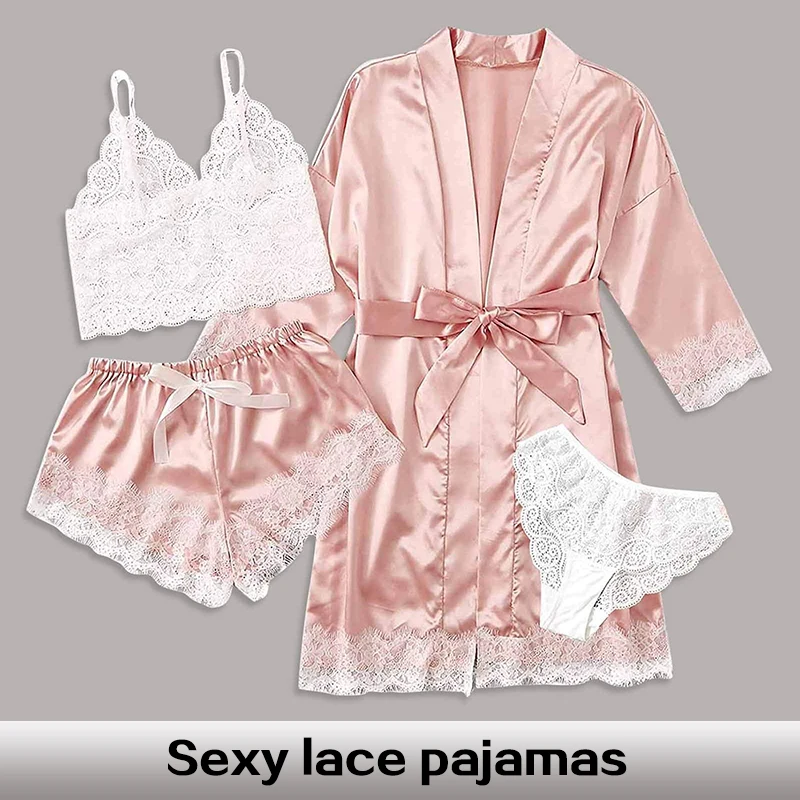 Women's Sexy Soft and Comfortable V-Neck Four Piece Satin Sleepwear Set with Floral Lace and Lace Decorations