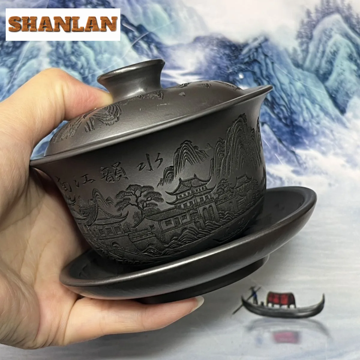 

200ml Purple Clay Relief Carved Painting Rainy Jiangnan Gaiwan Creative Tea Tureen Tea Bowl with Lid Kit Tea Maker Cover Bowl