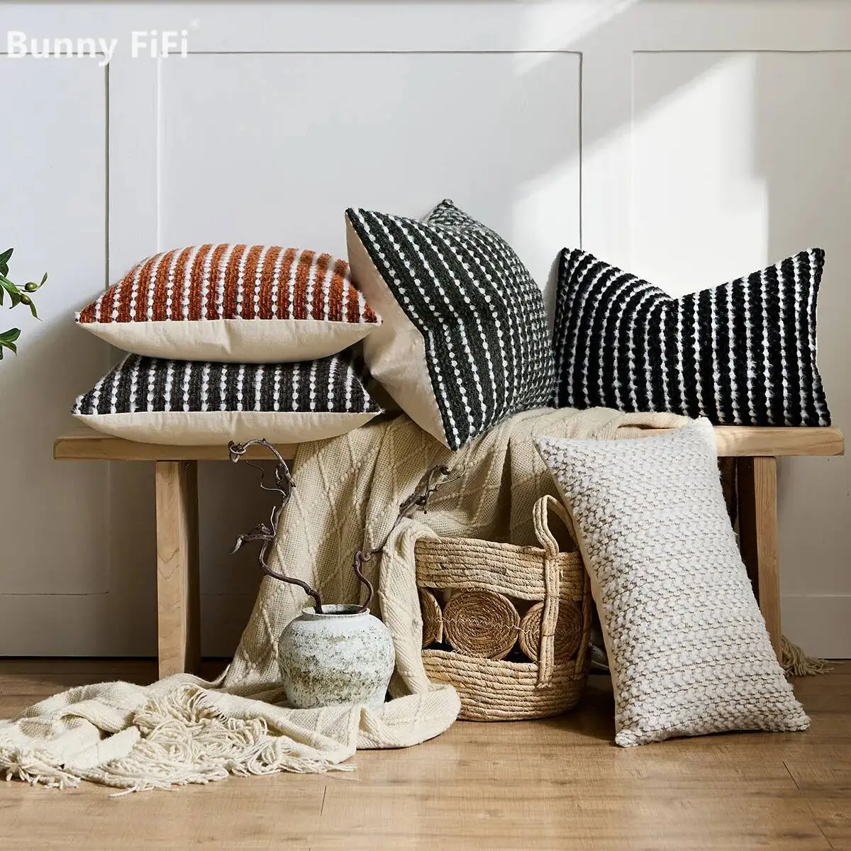 2 Stück Boho gestreifte, einfarbige, dekorative Kissenbezüge aus Chenille-Plüschfell, weiche, luxuriöse Kissenhüllen für Sofa, Wohnzimmer