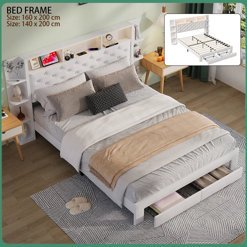 Anajqaqia Letto matrimoniale 140x200/160x200 cm Bianco con cassetti portaoggetti, illuminazione a LED, porte USB e caricatore UE