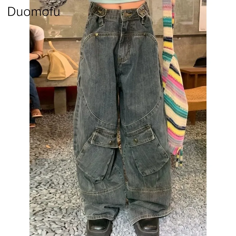 

Duomofu Large Size Retro Punk Style Large Pocket Tooling Jeans Women's Street Straight-leg Pants Y2k Loose Mopping Pants for Men