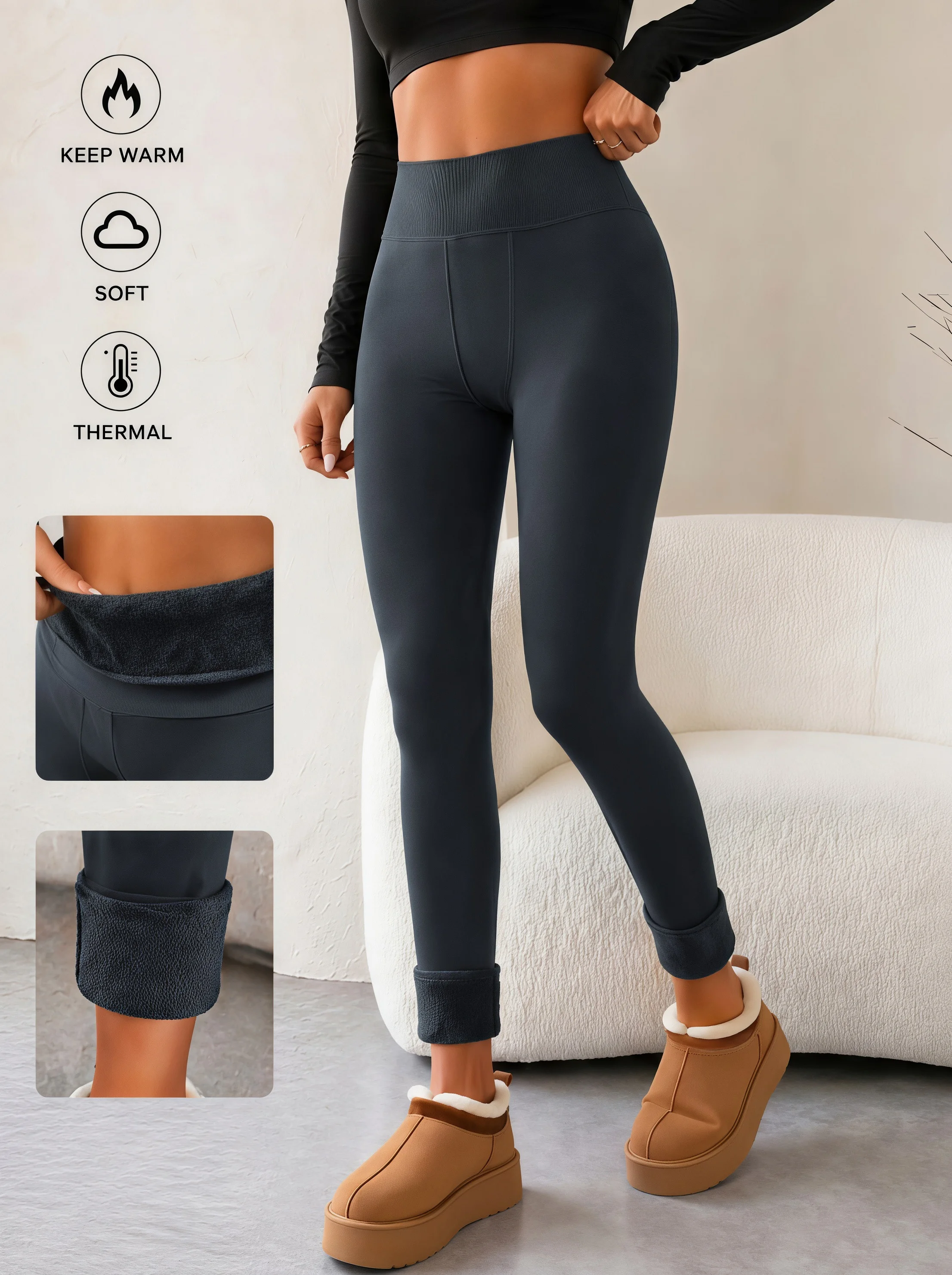 1-Pack Gray High Waist Fleece Lined Thermal Leggings Soft 4-Way Stretch Warm Pants for Winter Outdoor Sports  Wear Home Lounging