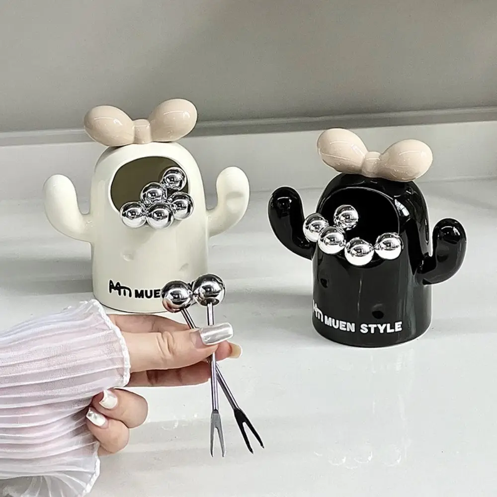 

Cactus Ceramic Fruit Forks Set Creative Decorative Dessert Forks with Storage Jar with Storage Can Ins Style