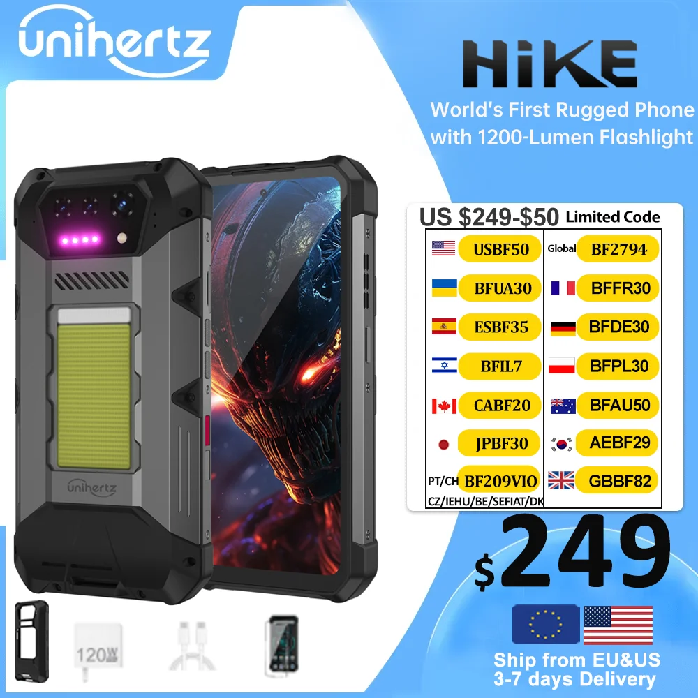 

Unihertz 8849 Hike Smartphone Android 14 With 200 Meter Flashlight LED 23800mAh 24GB 512GB Dual Speaker Helio G200 IP68/IP69K 4G
