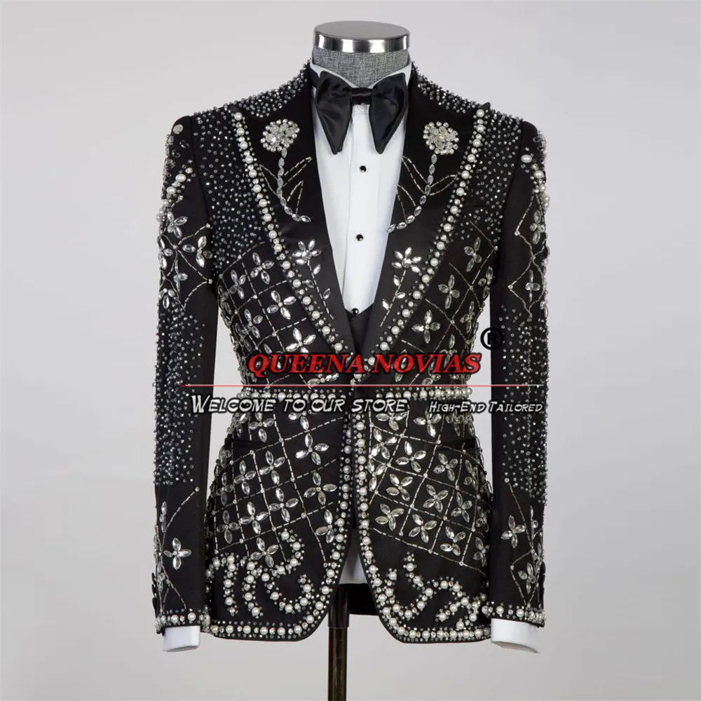 Pengantin pria, setelan pernikahan mewah kristal manik-manik, celana Blazer 2 buah, setelan pria Slim Fit, bisnis, pesta Banquet, Gaun Tuxedo