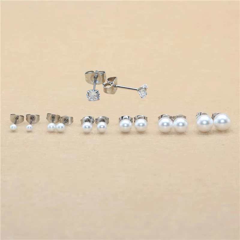 Brief Style Titanium Steel With ABS Imitation Beads Stud Earrings 3mm to 8mm No Fade Allergy Free