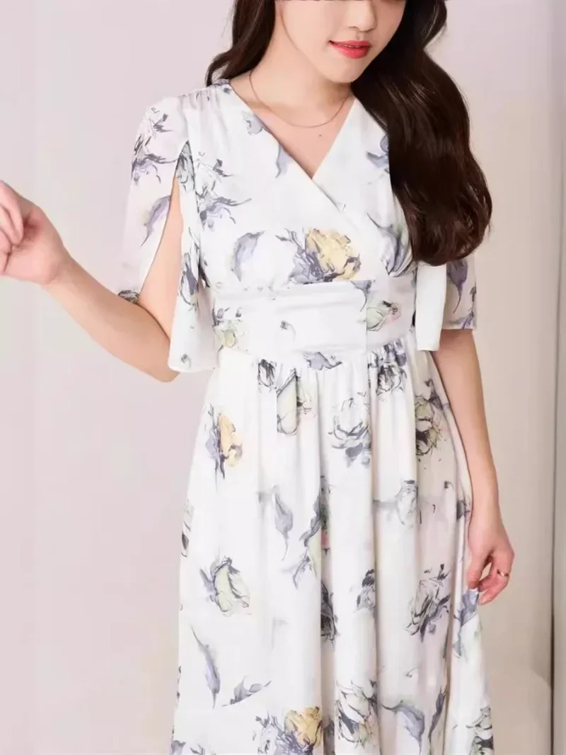 Elegant Rose Floral Print Vestidos Women 2024 New Dress V-neck Tunic Vestido Summer High Waist Dresses Back Lace-up Bow Robes