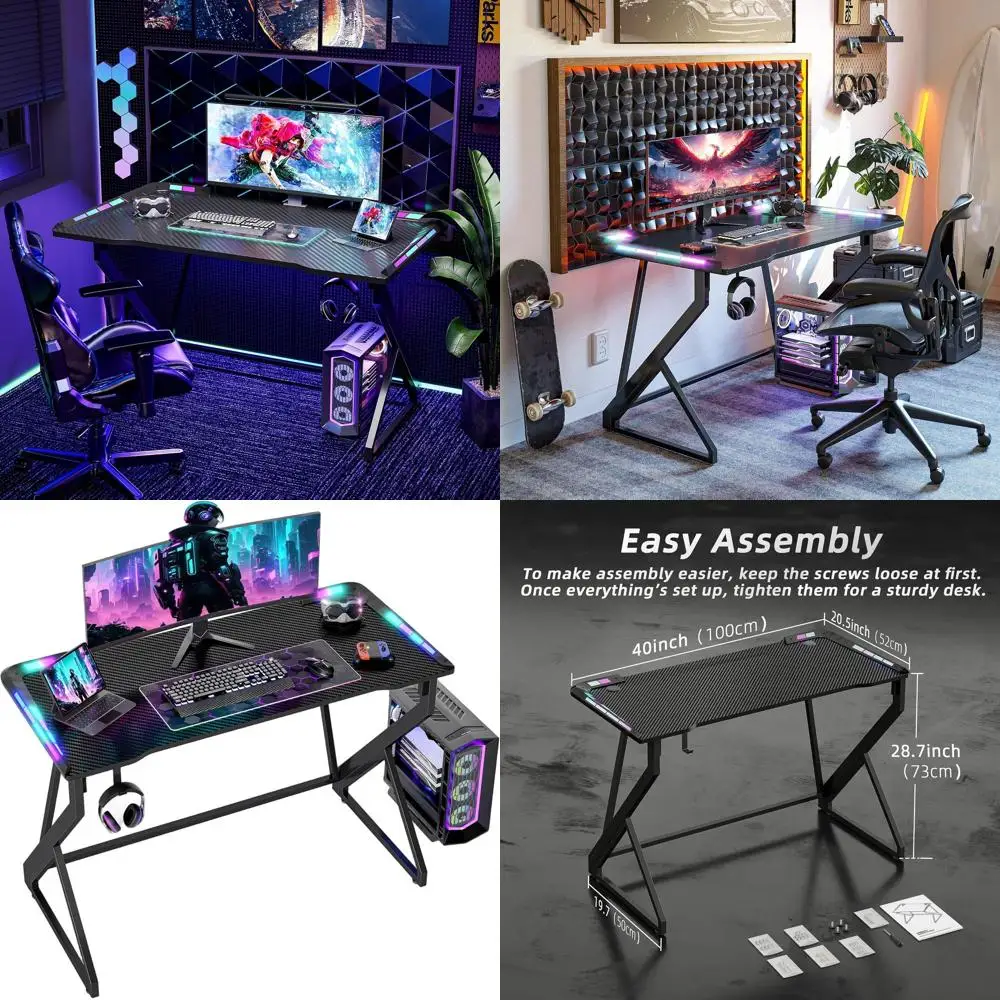 

Gaming Desk with LED Lights, 40 Inch Computer Desk Z Shaped Gamer Workstation, Gaming Table with Carbon Fiber Surface, PC Gamer