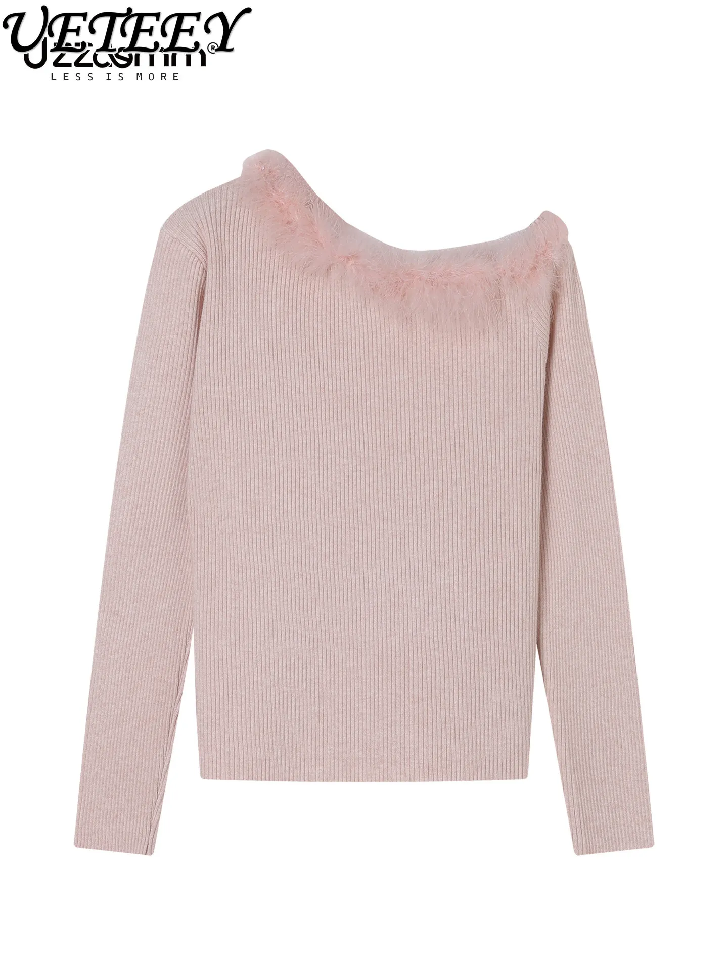 

Весенний новый асимметричный свитер с меховым воротником и длинными рукавами, вязаный, женский, в рубчик, приталенный, с эффектом утончения талии