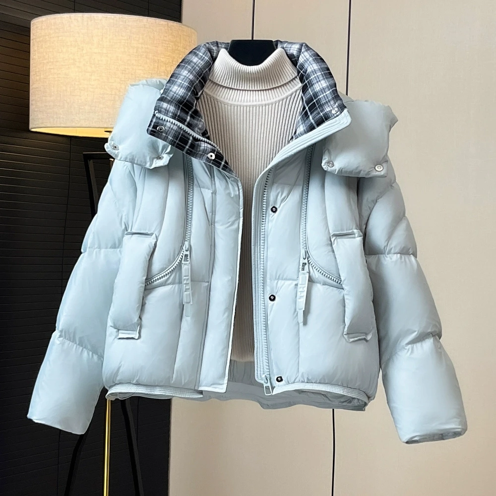 Fashion Hooded Short Down Jacket Women's Thick Short Coat Contrasting color New Korean version White duck Down Winter Coat 2025