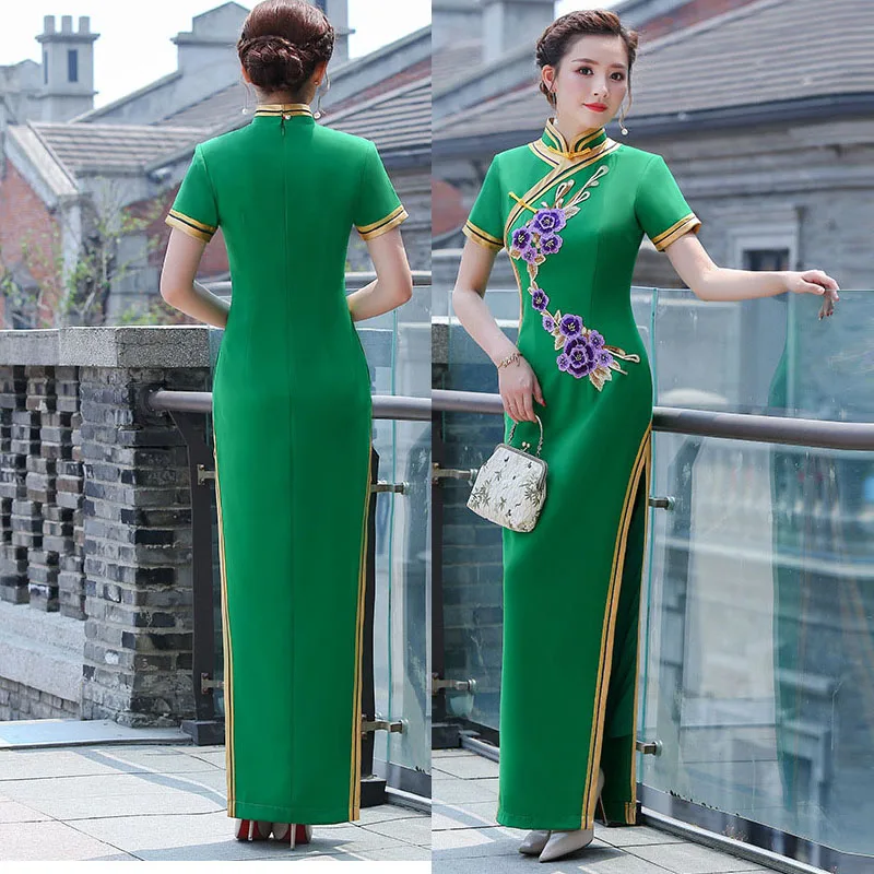 

Green New Chinese Style Dress Women Elegant Chesongam Stage Performance Costume Short Sleeve Embroider Flower Qipao Big Size 5Xl