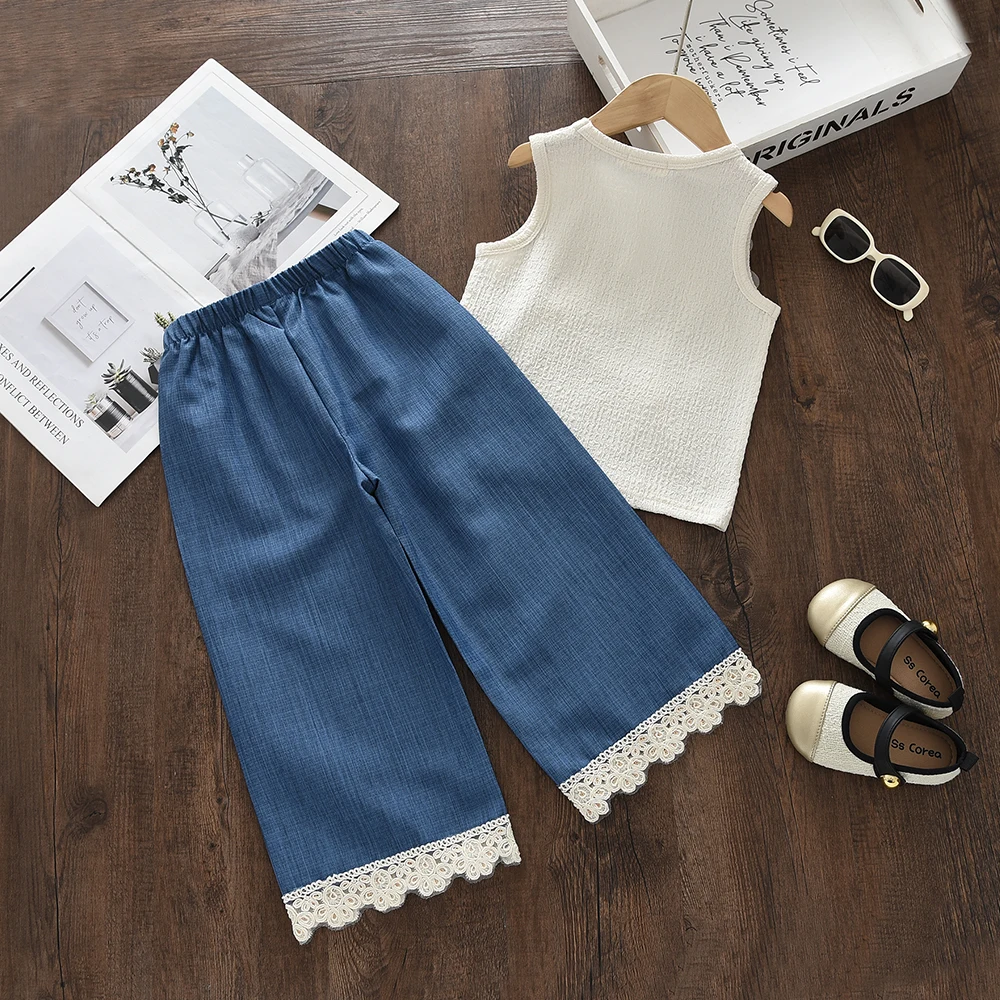 Summer New Korean Style Fashionable Casual 3D Flower Vest Top+imitation Denim Lace Pants Two-piece Set for Girls Aged 3-7