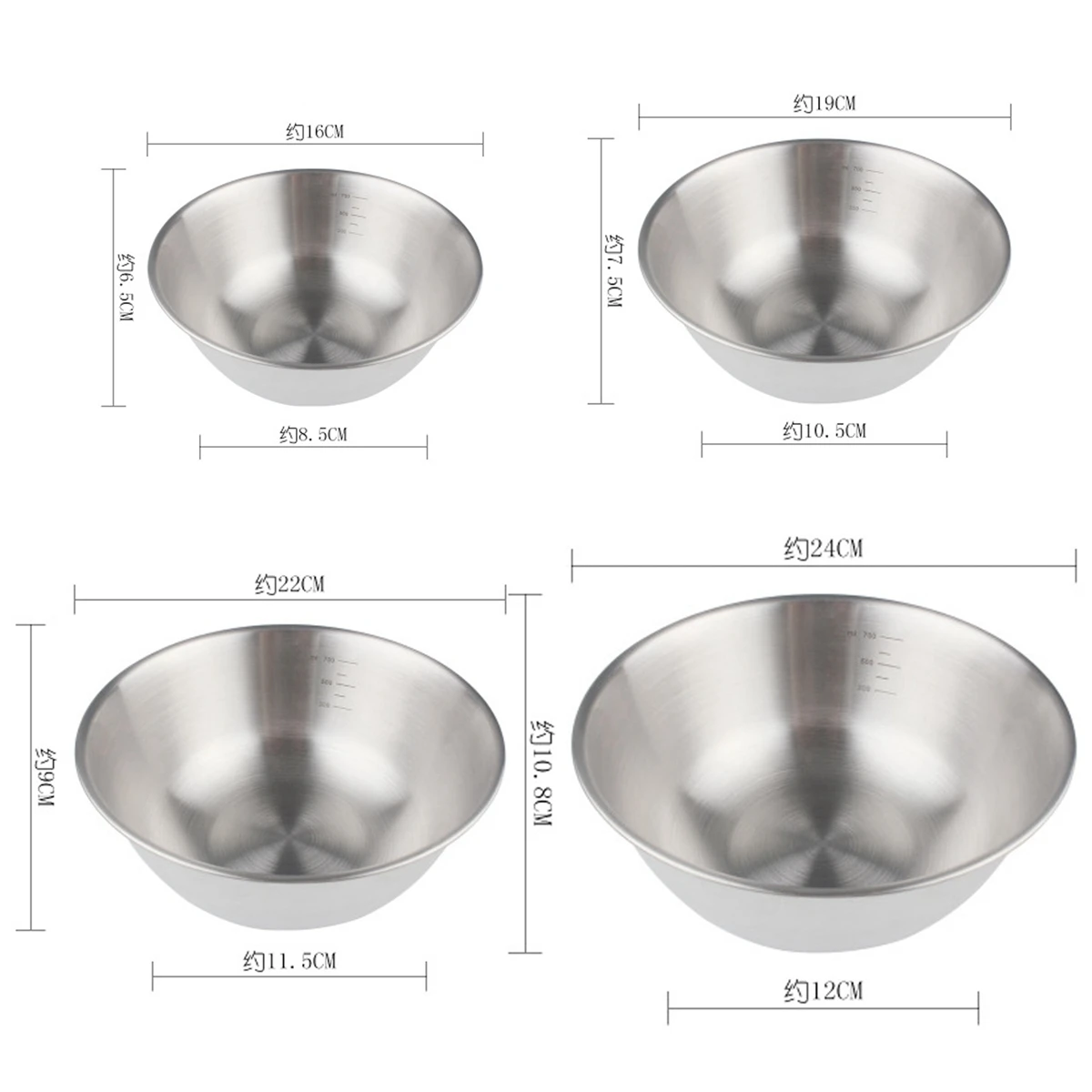 4Pcs 304 Stainless Steel Bowls Nesting Whisking Salad Bowls Set with Scale Mixing Bowls For Cooking Baking Storage Tableware