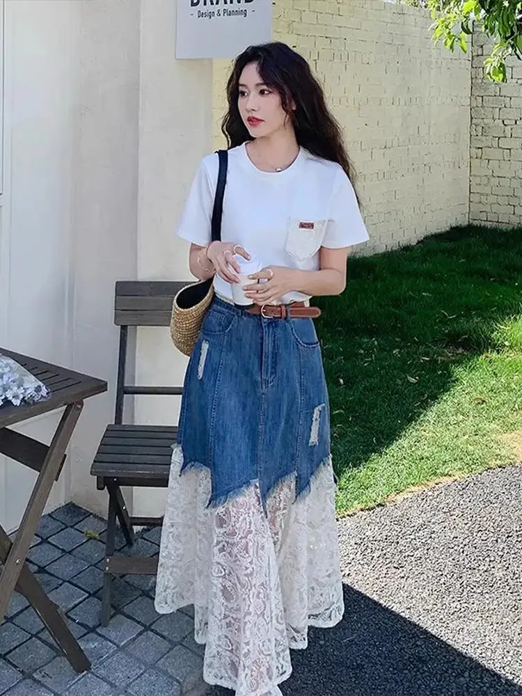 

Korean Style Casual Lace Patchwork Short Sleeve T-Shirt Denim Skirt Set Women Summer New Unique Fashion plus Size
