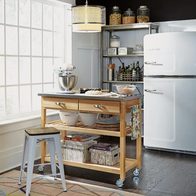 Kitchen Cart with Stainless Steel Top, Two Utility Drawers,Adjustable Shelf and Industrial Casters, Optional Wine Storage,Brown