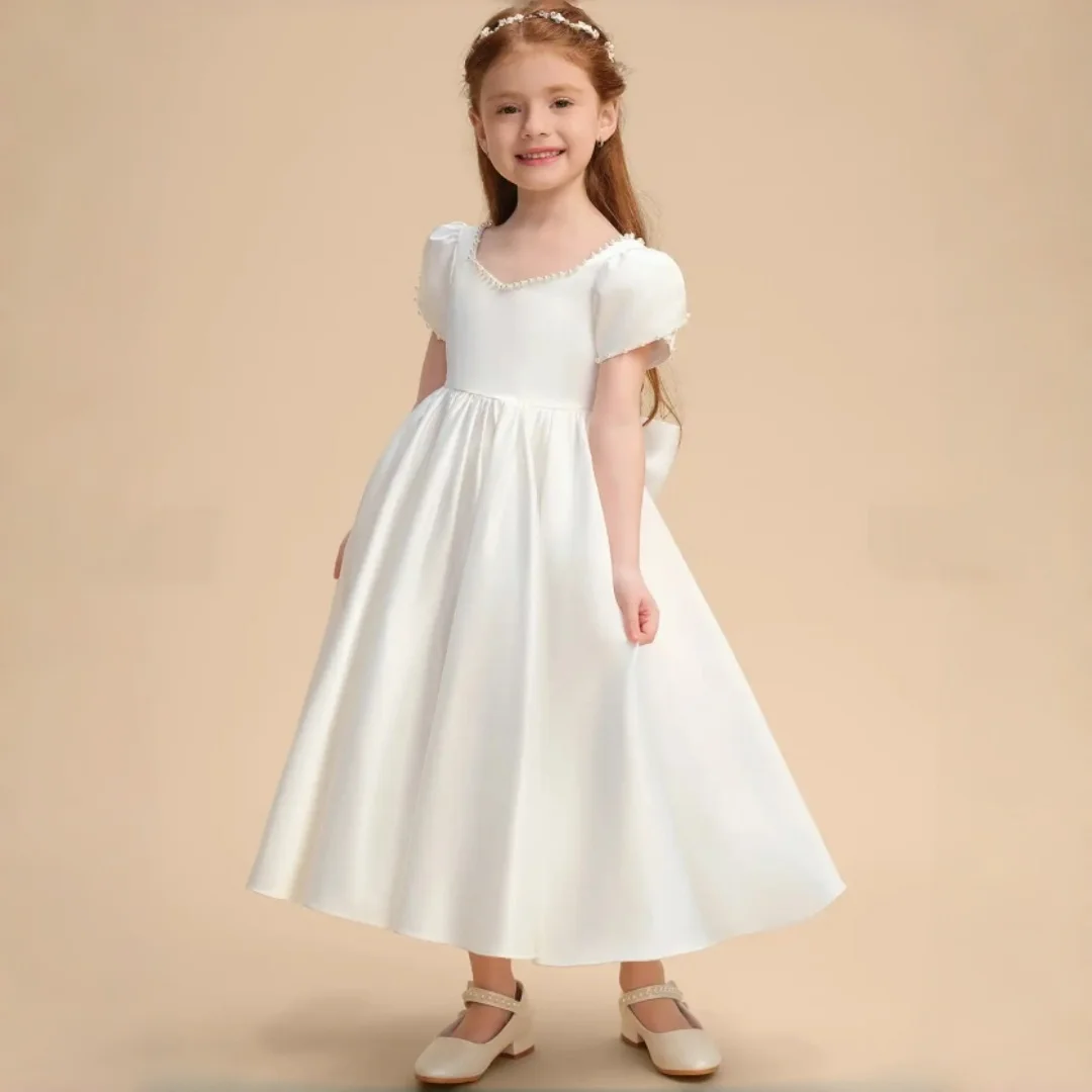 V Neck Pearl Trim Puff Short Sleeve Back Big Bow A Line Kids Princess Gown First Communion Wedding Birthday Party Dress
