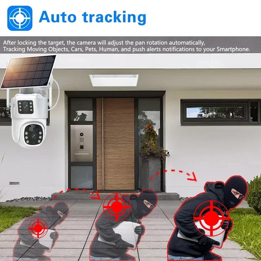 Imagem -04 - Câmaras de Segurança Externa com Painel Solar 4g Cartão Sim Câmara de Bateria Pir Motion Cam Auto Tracking Áudio Bidirecional 4k 8mp ca Sim