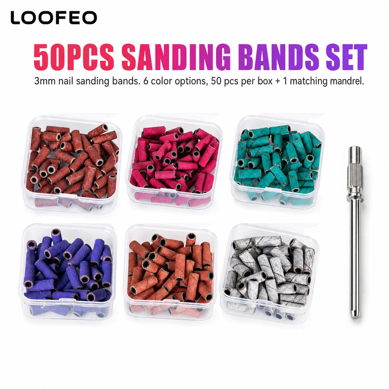 3mm Nail Sanding Bands 50PCS Set with Mandrel Box 120 180 240 Grit Sanding Sleeves Manicure Tool For Gel Polish Removal
