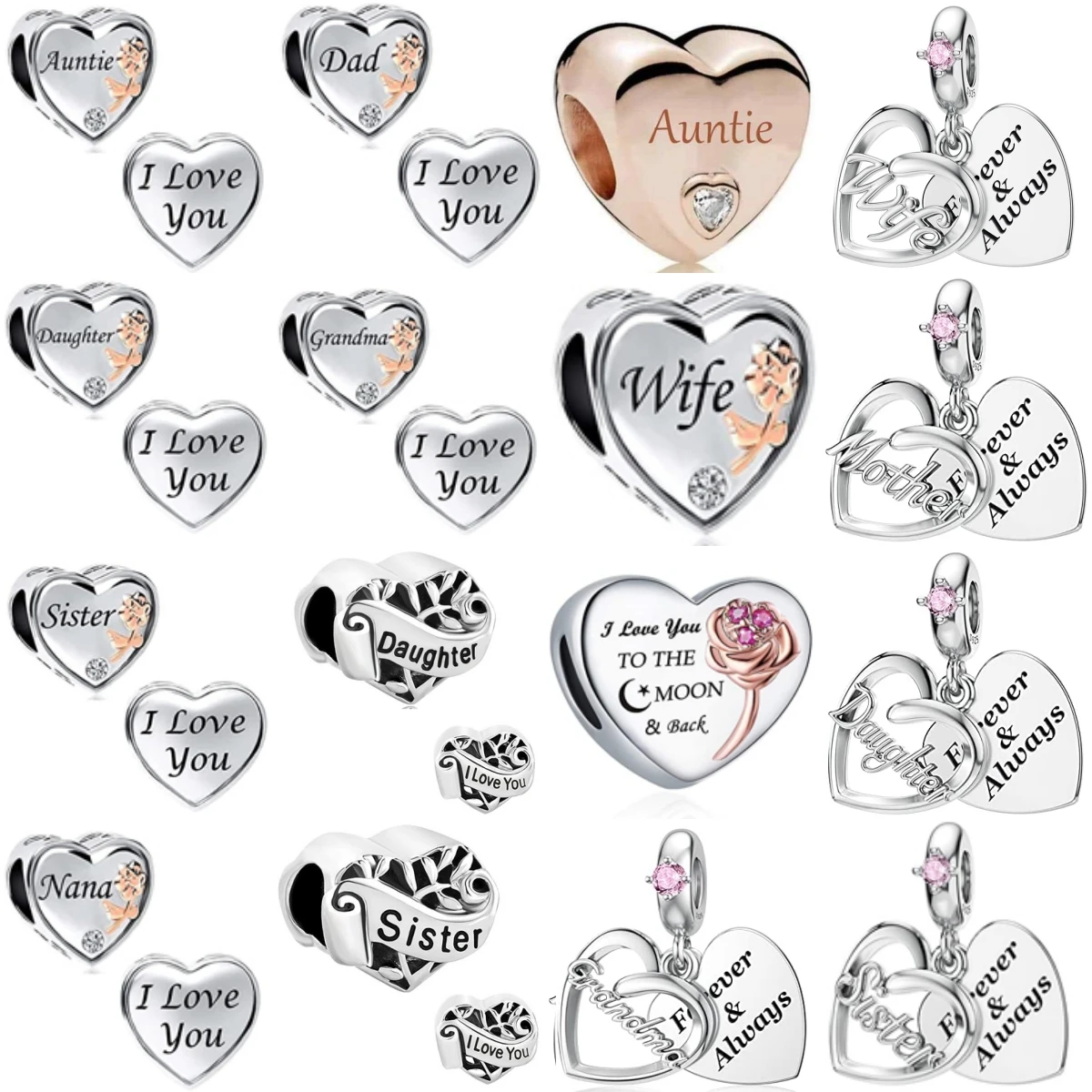 Abalorios Colgantes de Corazón Doble de Plata 925 para Familiares: Tía, Papá, Abuela, Hija, Hermana, Esposa. Ideales para Joyería y Regalo.