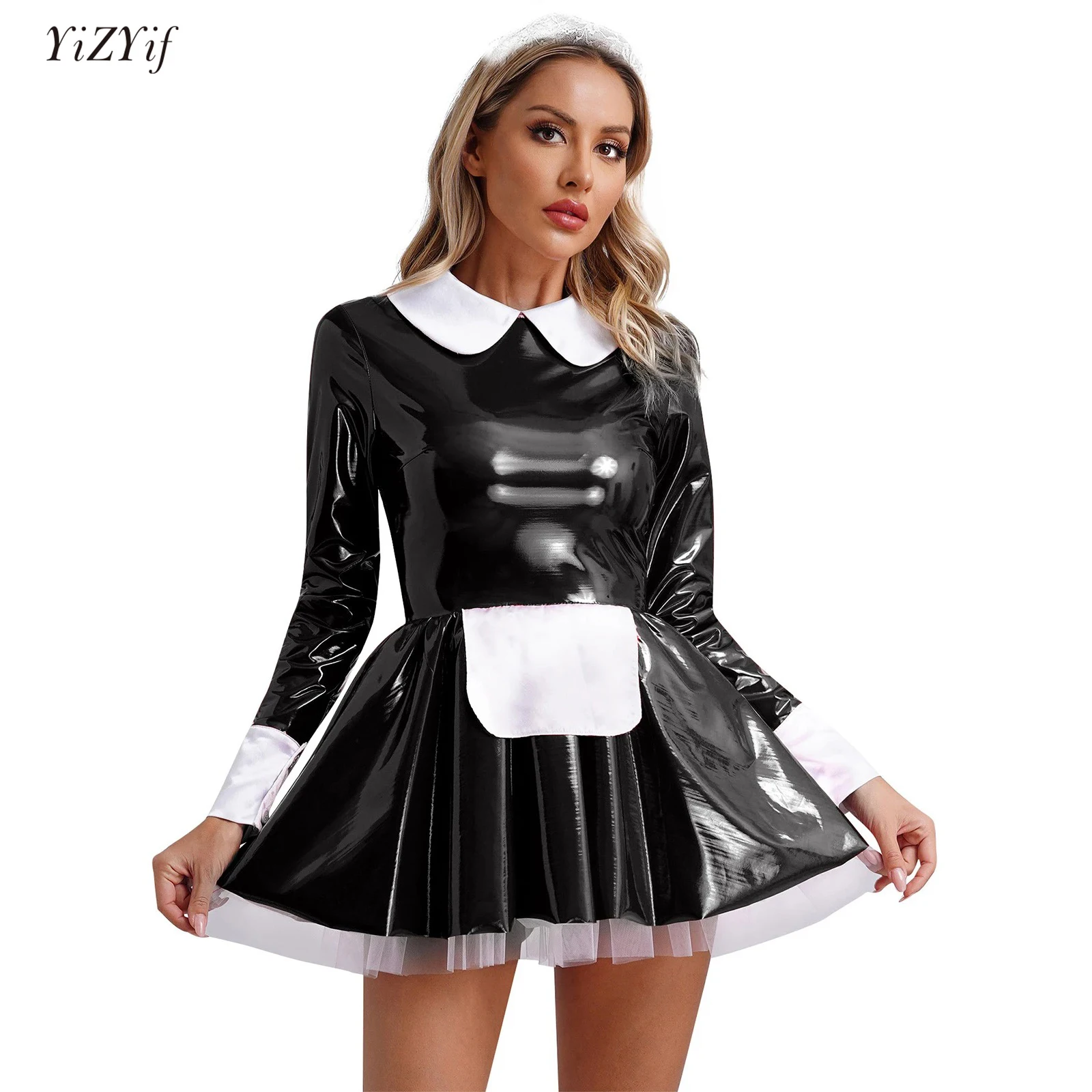 

Halloween Maid Dress 2Pcs Womens Patent Leather Long Sleeve Apron Tulle Underskirt Dress+Floral Lace Headband Cosplay Costumes