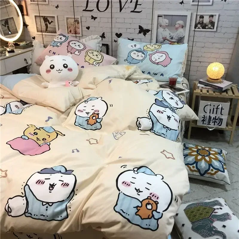 Miniso Anime Kawaii Chiikawa 3 4-piece Set Bed Decoration Cute Cartoon Lovely Soft Quilt Cover Pillow Cover Bed Sheet Set  Gifts