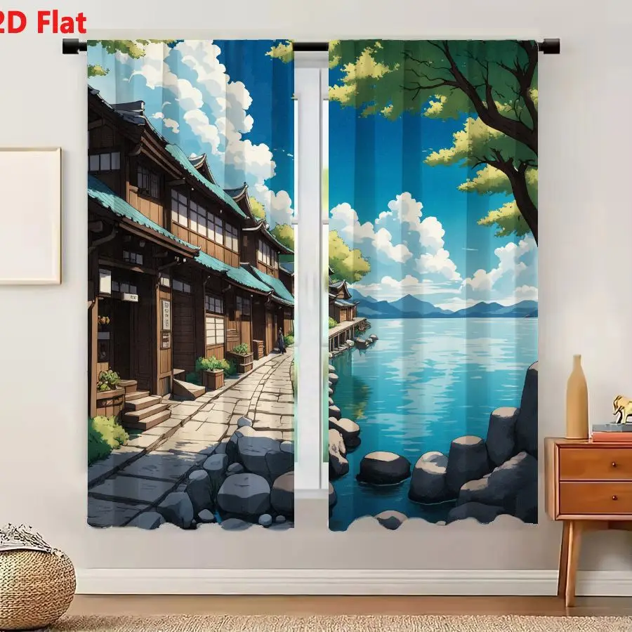 2Pcs Curtains 2D Flat Traditional Wooden Buildings Along Calm Water River Lake East Asian Architecture Stone Pathway Potted Plan