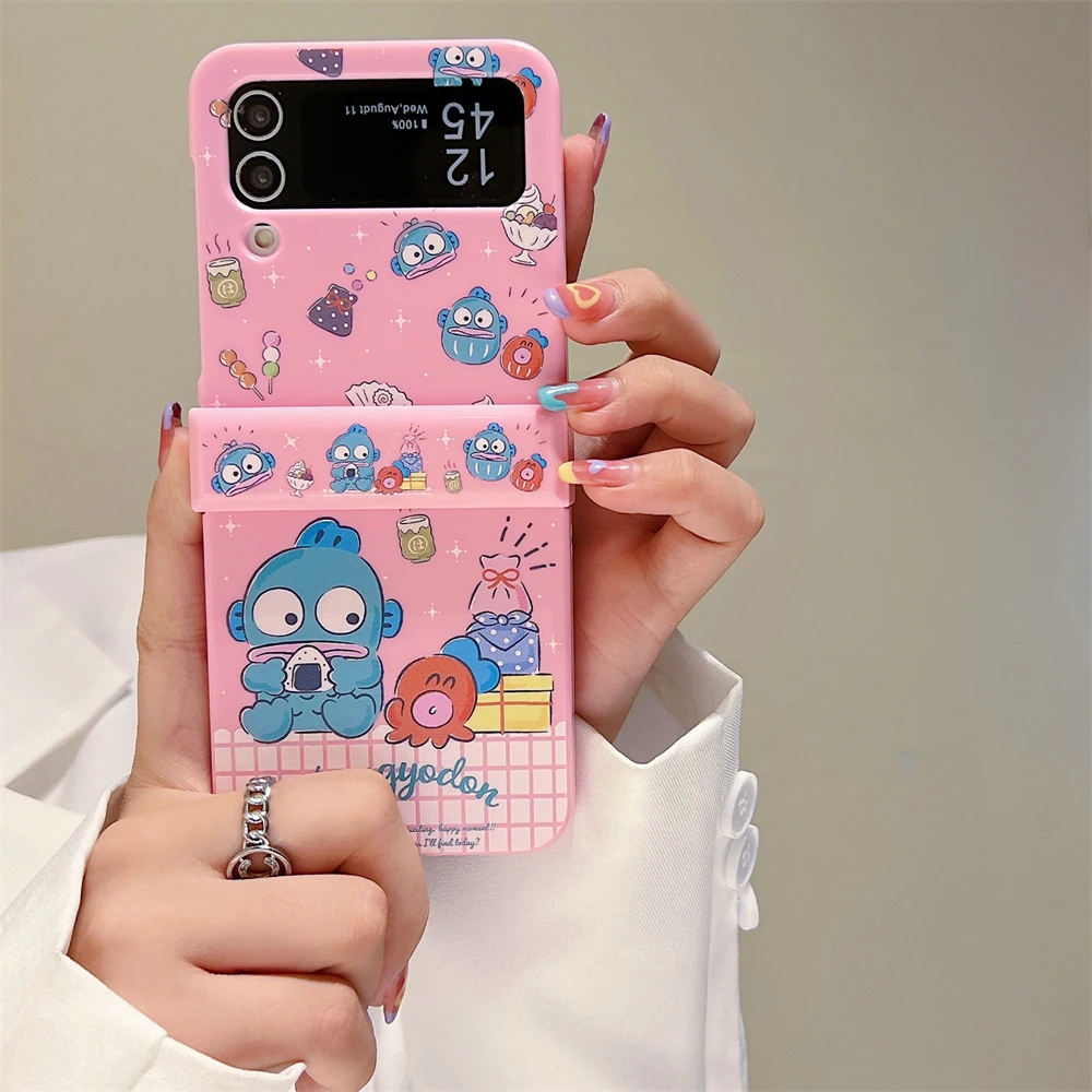 Cartoon Hangyodon with Lanyard Candy Color Phone Case for Samsung Galaxy Z Flip 3 4 5 6 5G PC Hard Anti-drop Back Cover Funda