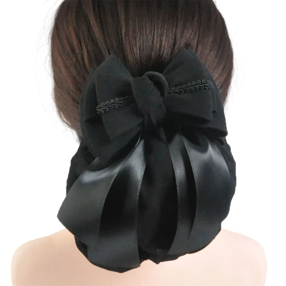 

Vintage Ribbon Ruffled Edges Hair Net Sweet Korean Style Bow Snood Hair Clip Hair Accessory Women Spring Clip Office Lady