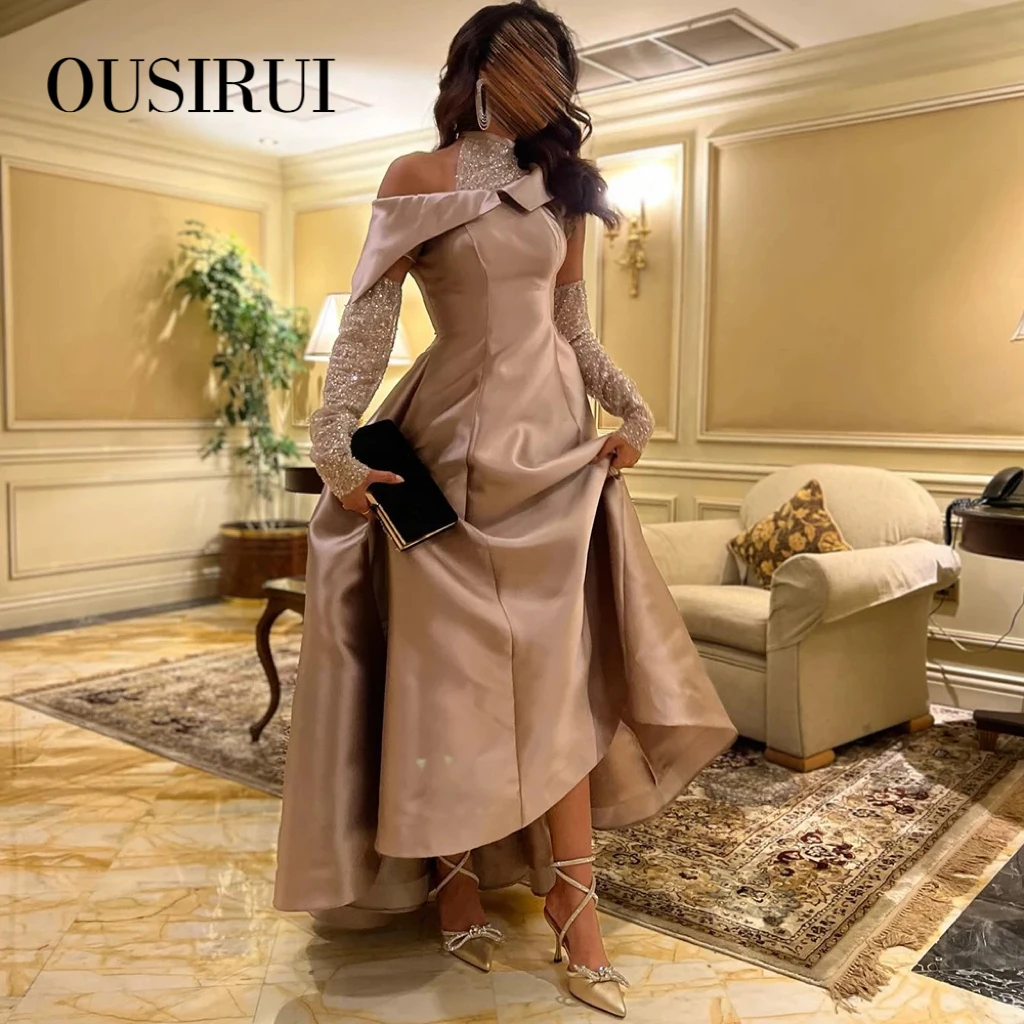 OUSIRUI Khaki Satin High Low Dubai Evening Dress for Wedding Party Halter Arabic Women Midi Formal Guest Gowns vestidos de gala