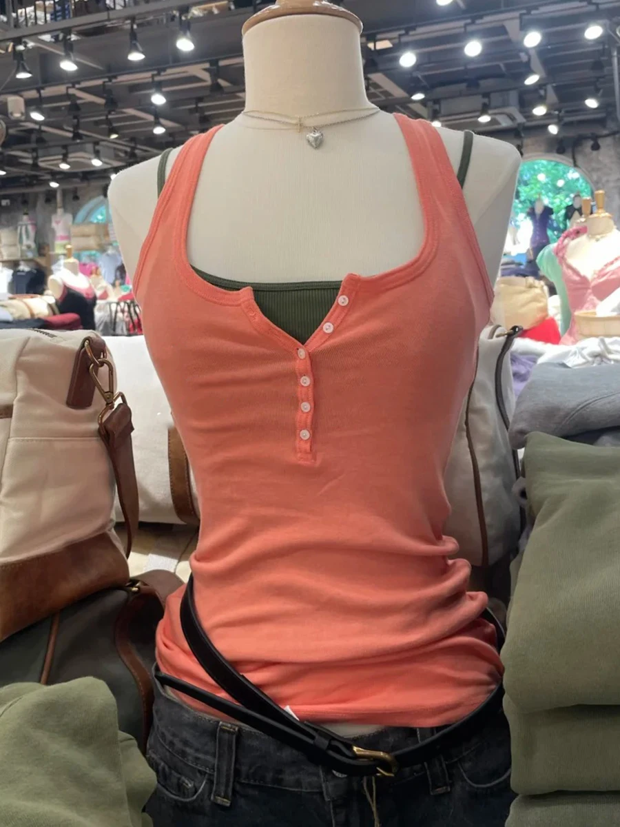 Coral Orange Button Tank Tops Women Summer Simple All-match Cotton Slim Sleeveless Vests Vintage Sweet Preppy Style Camisole Y2K