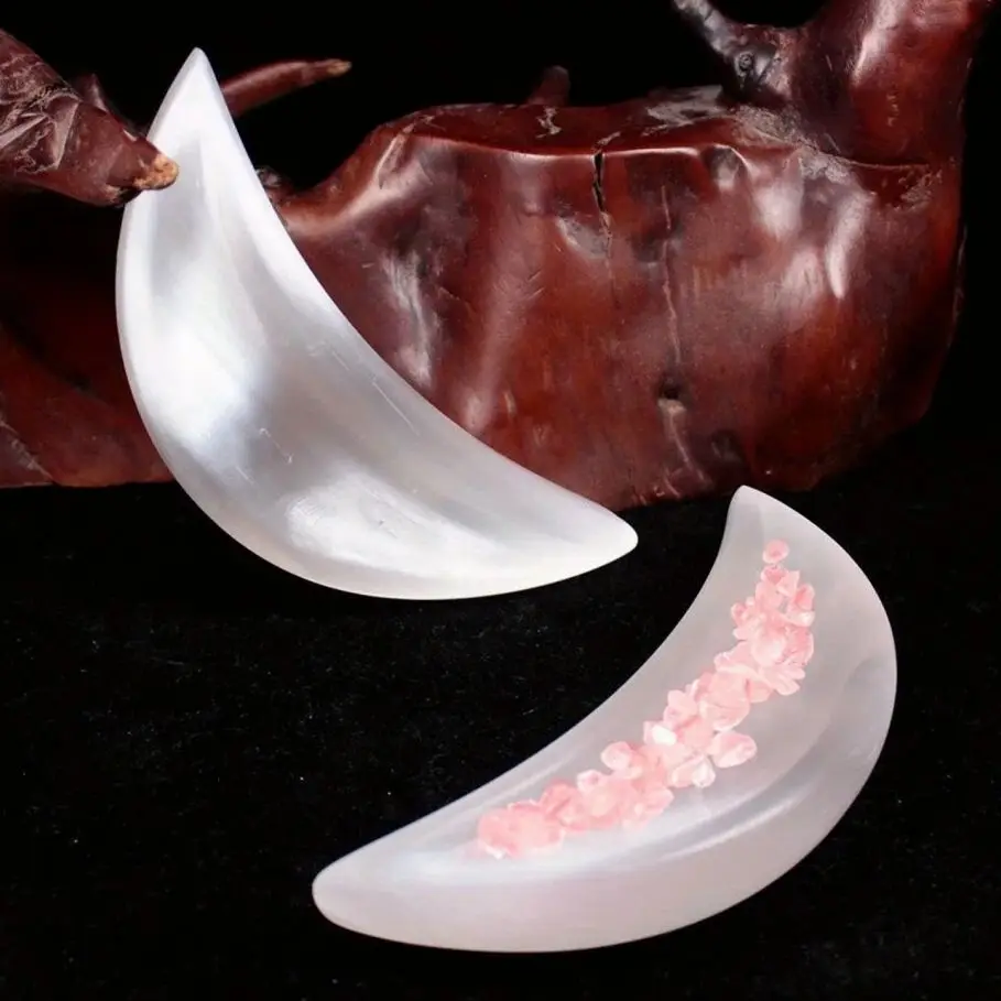 Natural White Selenite Crescent Bowl Smooth Translucent Moon-Shaped Decorative Dish Quartz Crystals Witchcraft for Home Decor