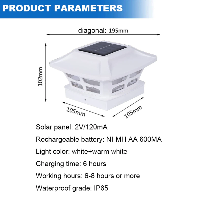 Luces solares para poste, iluminación LED para exteriores, cubierta, valla, tapa, luz, dos modos de luz, blanco cálido/blanco brillante adecuado