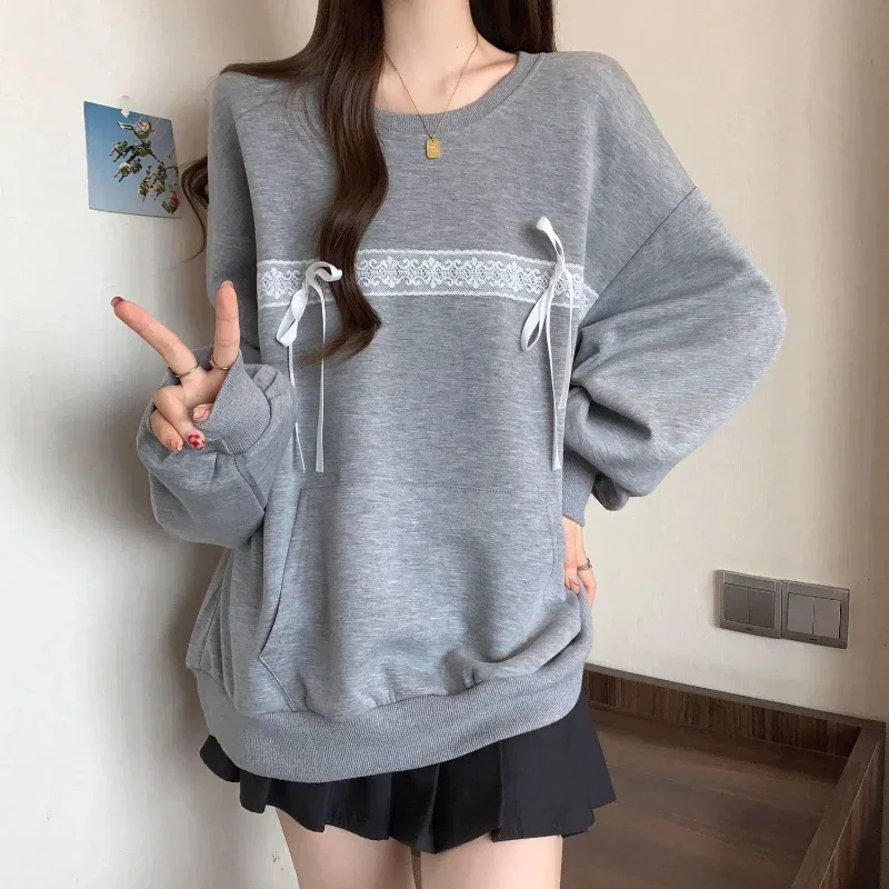 Preppy نمط الدانتيل المرقعة فضفاض هوديس بلوزات ربيع الخريف جديد الصلبة بلايز عادية شارع العليا موضة النساء الملابس