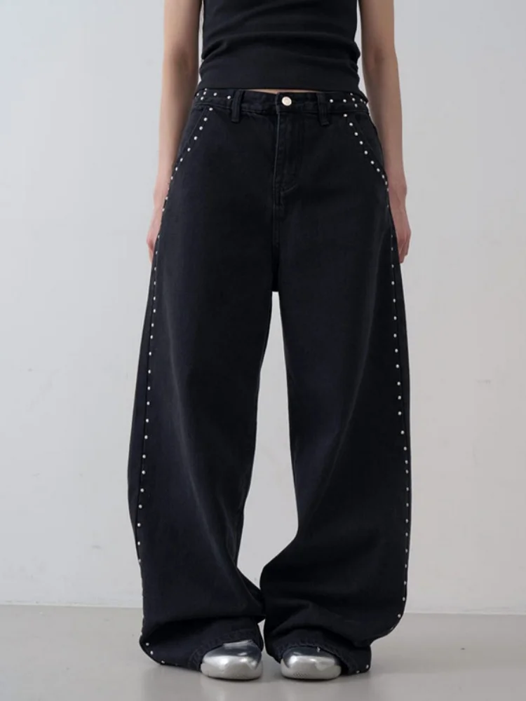 

2026 Ropa Y2K New Fashion Rivet Design Washed Black Baggy Women's Jeans Pants For Women Clothing Underwear Lady Denim Trousers