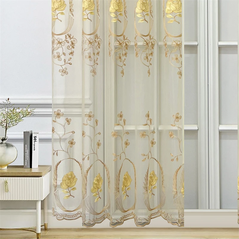 American Luxury Gold Rose Flower Embroidery Sheer Tulle Curtains For Living Room Bedroom Door Window Fabric Partition Drapes