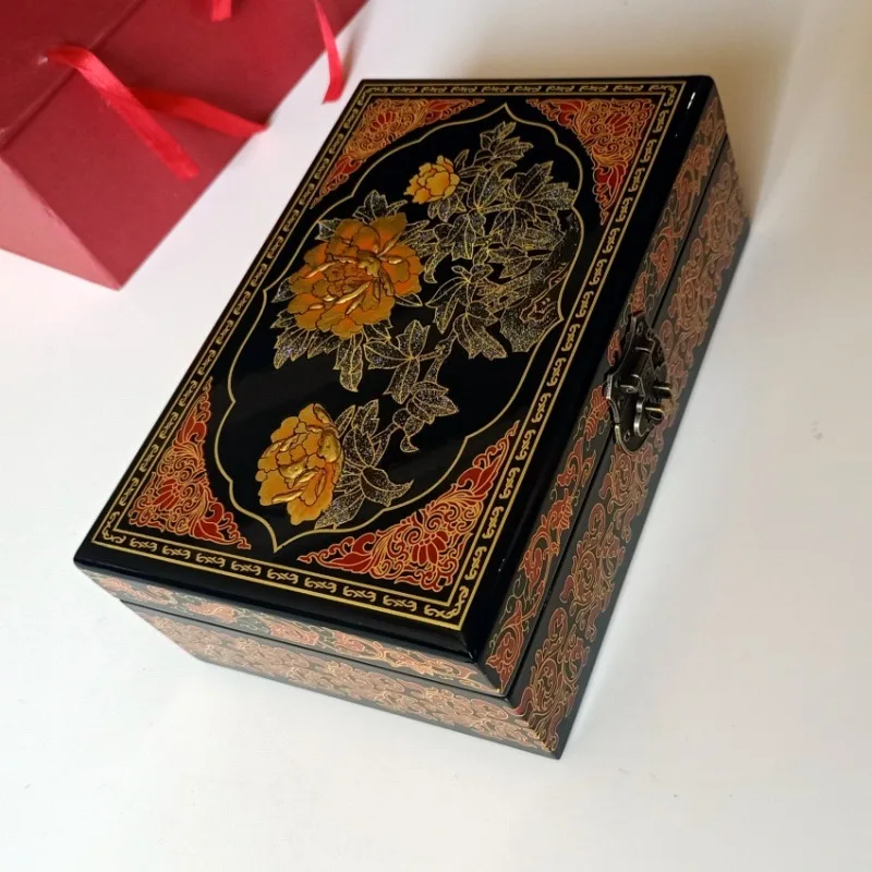 Hand Painted Push Gloss Lacquer Wooden Double Layer Jewelry Storage Box With Lock Creative Gift For Jewelry Collection