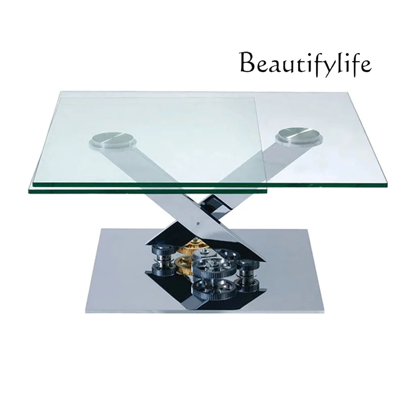 

Modern advanced gear mechanical square coffee table high-end villa living room retractable glass tea table