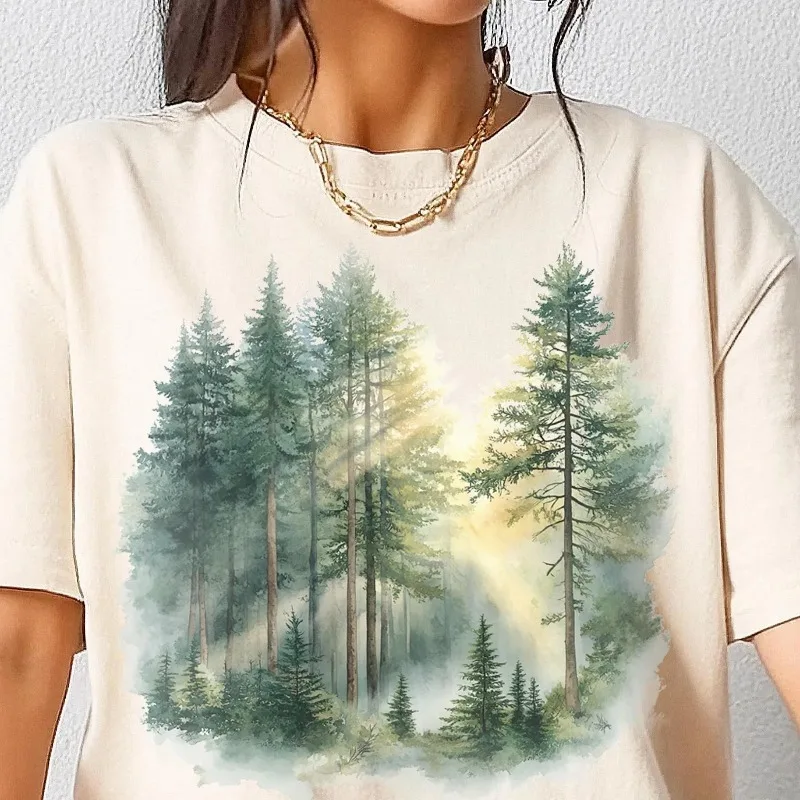 Retro Mist Pine Forest T-shirt Women's T-shirt Summer New Retro Harajuku Style Casual T-shirt