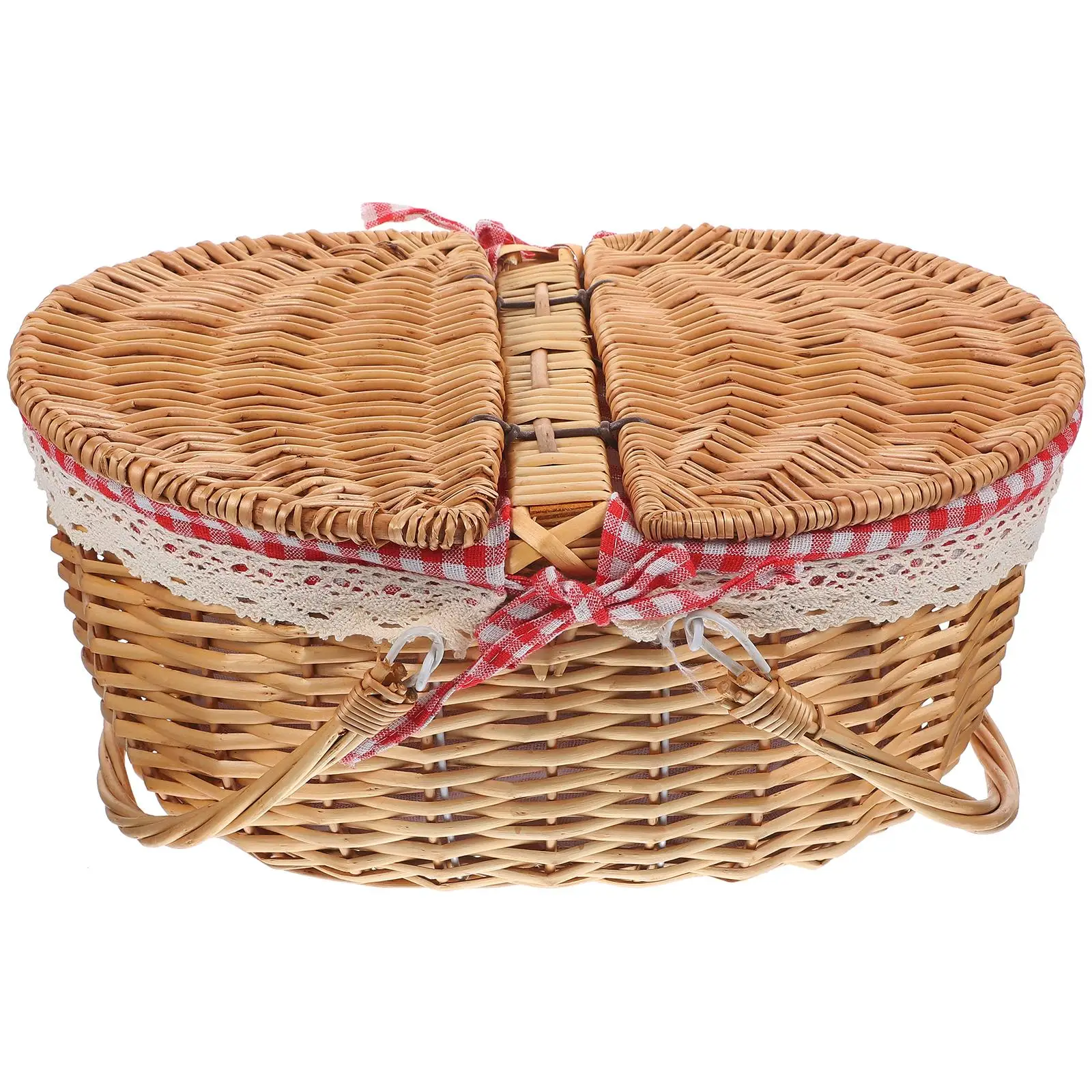 

Rattan Picnic Basket Woven Storage Baskets Portable Hamper Lid 35x25x17cm Plaid Home Gifts Outdoor Camping