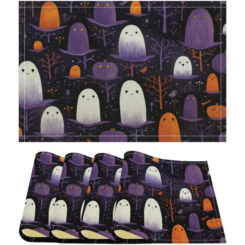 Funny Little Ghost Goth Scary Place Mats Set of 4 Fall Happy Halloween Stain-Proof Non-Slip Heat Resistant Placemats Dinner Mats