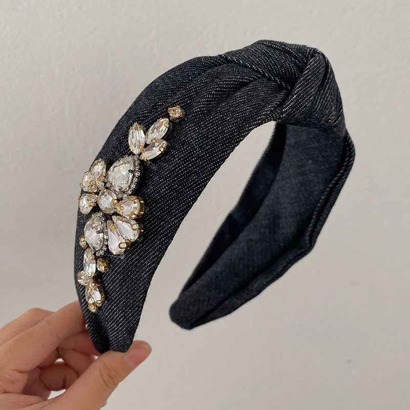 New Crystal Diamonds Headband for Women Fashion Denim Fabric Hairband Top Bow Knotted Wide Head Band Women Hair Accessories