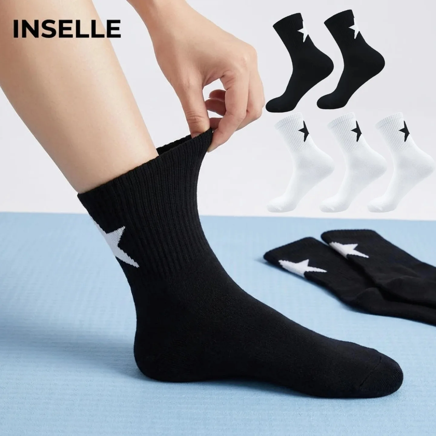 Four season versatile five pointed star printed mid tube socks for men and women, non slip and non falling