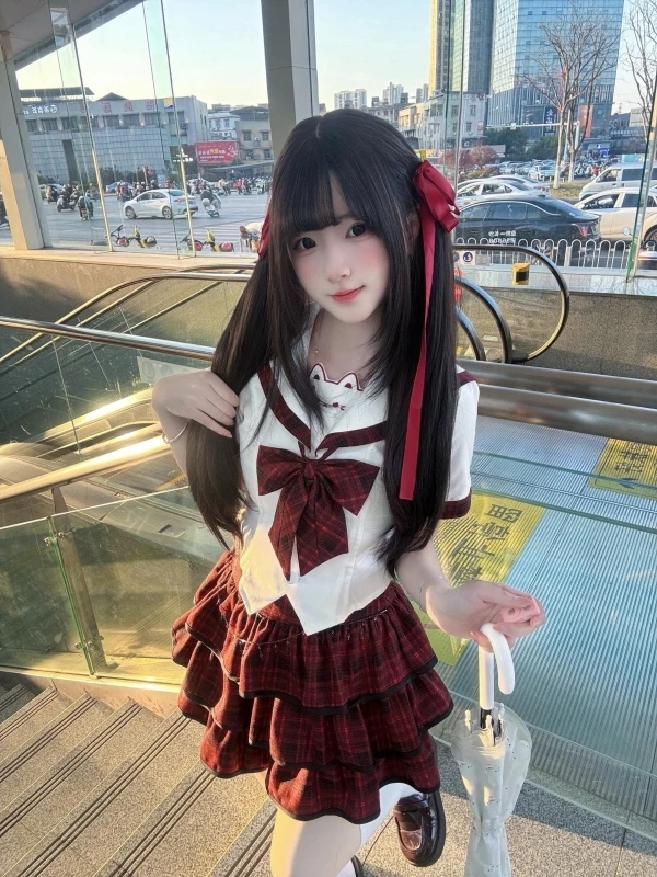 

Cute School Uniform Style Navy Collar Print Top And Puffy Skirt Two Piece Set Women's Fashion Spring Summer Short Sleeve