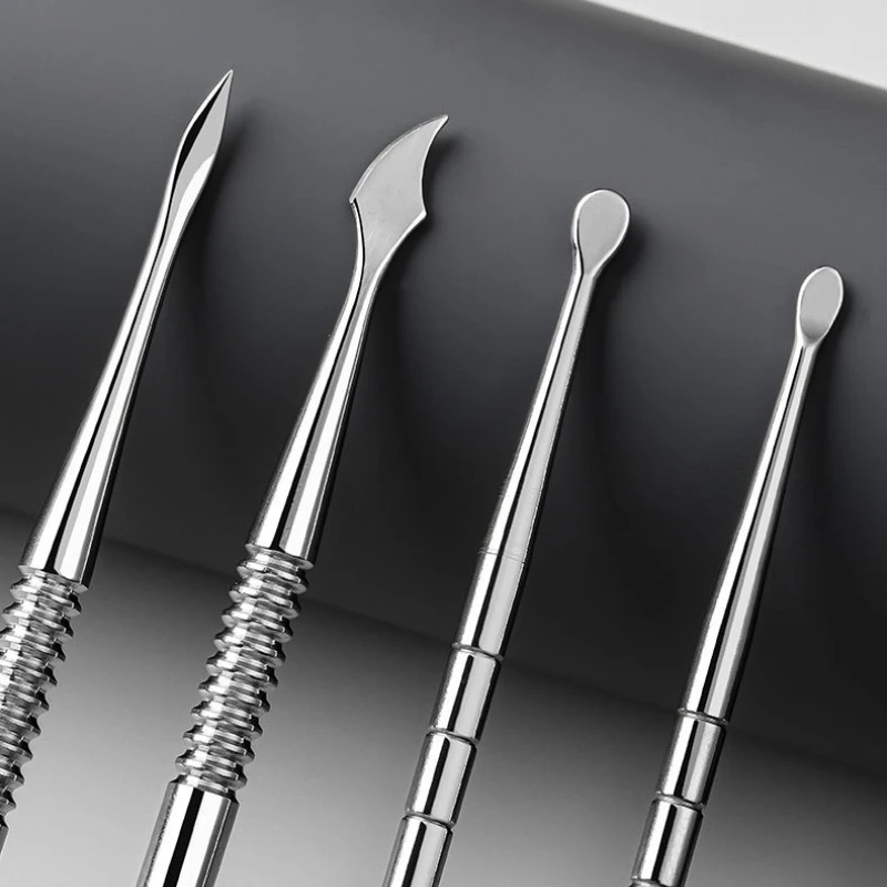 Palo de tallado tipo gancho de doble cabeza, empujadores de cutículas, removedor de esmalte de uñas, raspador pelador, herramientas de manicura limpias de acero inoxidable