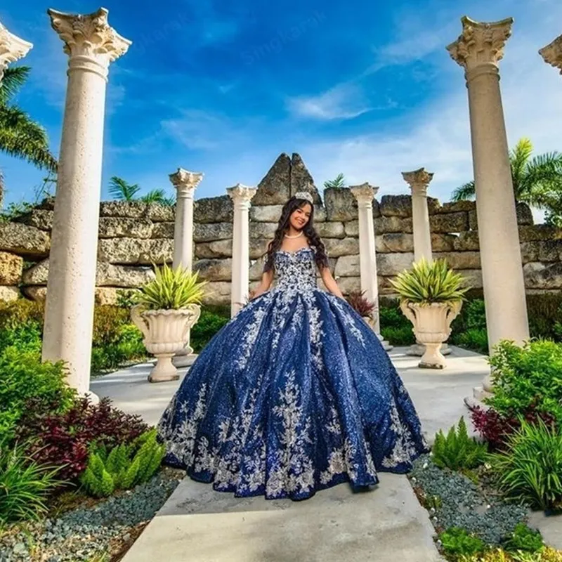 Azul real vestido de baile princesa quinceanera vestido com apliques frisado flores festa rendas doce 16 vestido vestidos de